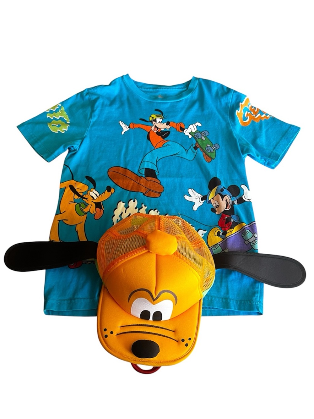 Disney Blue Graphic Skateboard Tee Goofy and Friends With Goofy Hat 2 Piece Set